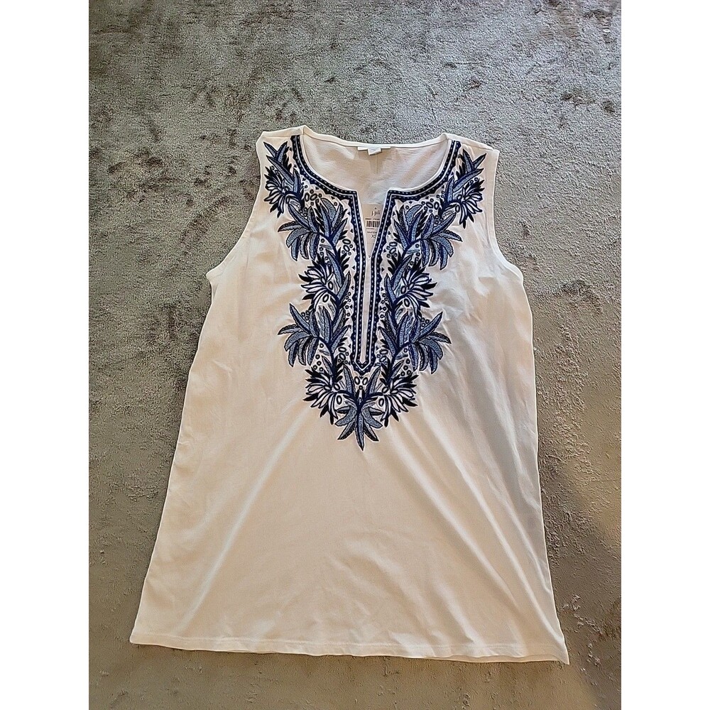 J Jill Size XS White Blue Embroidered Top Sleeveless 100% Cotton  Costal Travel